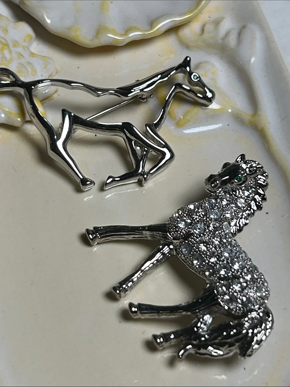 Silver Horse Brooch Set with Green Eye Accents